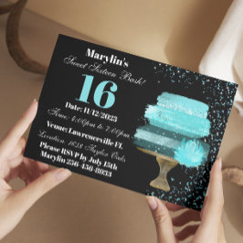SWEET SIXTEENターコイズ水彩ケーキ誕生日 招待状