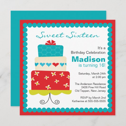 Sweet sixteenターコイズ&レッドケーキ誕生日招待状 招待状 (正面/裏面)