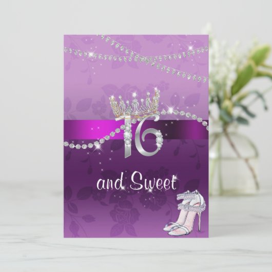Sweet sixteenダイヤモンドクラウンハイヒール紫 招待状 (スタンド正面)