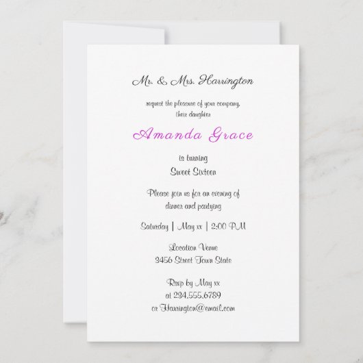 Sweet sixteenダイヤモンドクラウンハイヒール紫 招待状 (裏面)