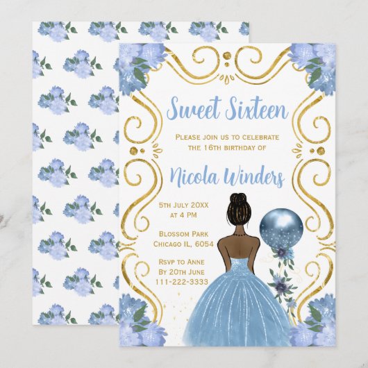 Sweet sixteenダークスキンプリンセスイン青 招待状 (正面/裏面)