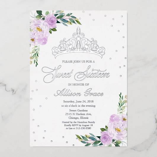 Sweet sixteenティアララベンダーフラワーズシルバー 箔招待状 (正面)