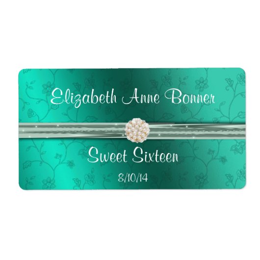 Sweet sixteenティール（緑がかった色）と真珠のウォーターボトルラベル ラベル (正面)