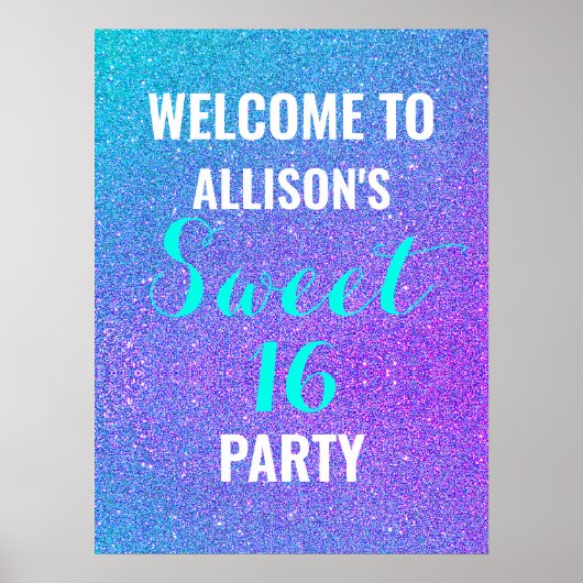 Sweet sixteenティール（緑がかった色）パープルグリッターウェルカムサイン ポスター (正面)