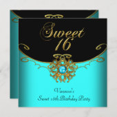 Sweet sixteenティール（緑がかった色）金ゴールドブラックスウィート16 招待状 (正面/裏面)