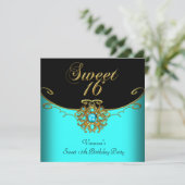Sweet sixteenティール（緑がかった色）金ゴールドブラックスウィート16 招待状 (スタンド正面)