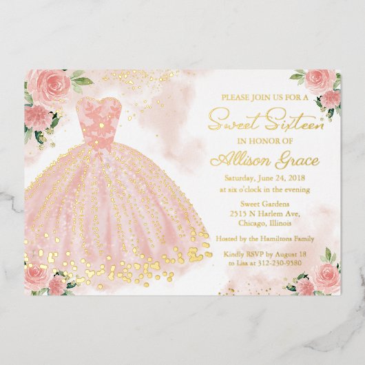 Sweet sixteenデリケート赤面ガウン金ゴールド 箔招待状 (正面)