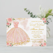 Sweet sixteenデリケート赤面ガウン金ゴールド 箔招待状 (立ち正面)