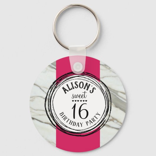 Sweet sixteenトレンディーピンク、黒、白の大理石 キーホルダー (正面)