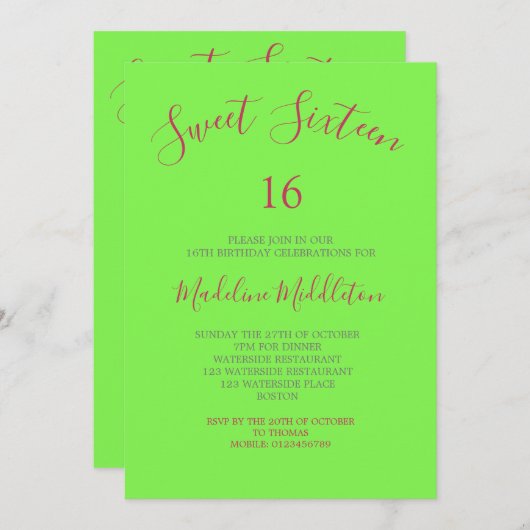 Sweet sixteenネオングリーンフォト誕生日 招待状 (正面/裏面)