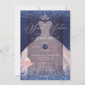 Sweet sixteenバタフライ赤面グリッターガウン海軍 招待状 (裏面)