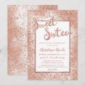 Sweet sixteenバラ金ゴールドグリッターチック16誕生日 招待状 (正面/裏面)