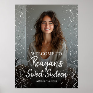 Sweet sixteenバースデーシルバーグリッターウェルカムサイン ポスター