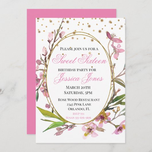 Sweet sixteenバースデーパーティシックさくらんぼブロッサム 招待状 (正面/裏面)