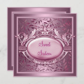 Sweet sixteenバースデーパーティーサテンピンクフローラ 招待状 (正面/裏面)