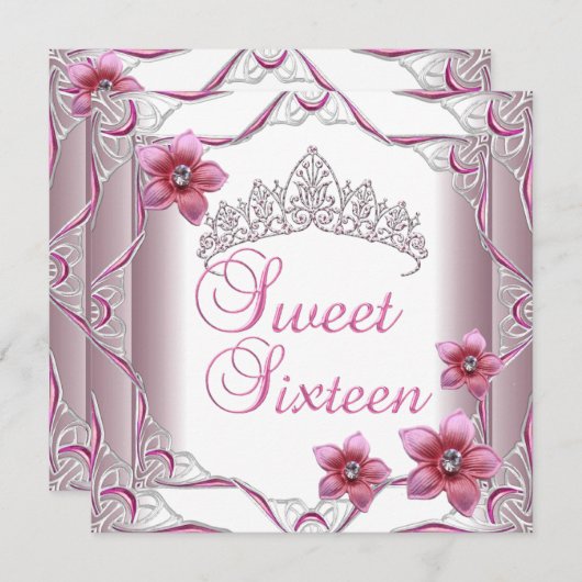 Sweet sixteenバースデーパーティースウィート16ピンクティアラ 招待状 (正面/裏面)