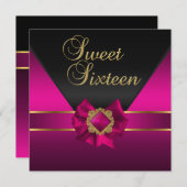Sweet sixteenバースデーパーティーダークピンクシルク金ゴールド 招待状 (正面/裏面)