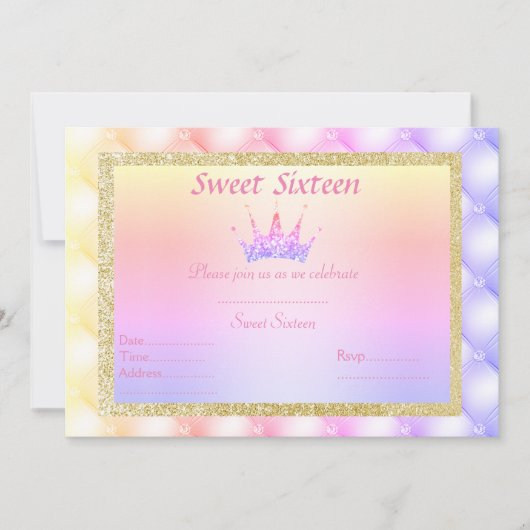 SWEET SIXTEENパステルダイヤモンドティアラ誕生日金ゴールド 招待状 (正面)