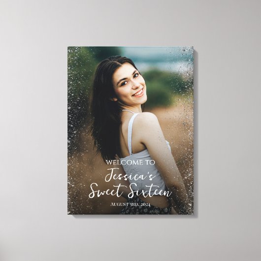 Sweet sixteenパーティーウェルカムサインと写真 キャンバスプリント (正面)