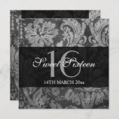 Sweet sixteenパーティーグレーヴィンテージパターン 招待状 (正面/裏面)