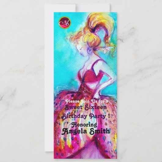 SWEET SIXTEENパーティーモノグラム赤ルビーブルー 招待状 (正面)