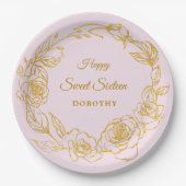Sweet sixteenパーティールクセ金ゴールドバラフローラピンク ペーパープレート (正面)