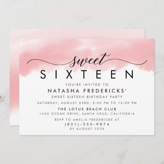 Sweet sixteenパーティー水彩ピンク誕生日 招待状 (正面/裏面)