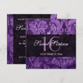 Sweet sixteenパーティー紫ヴィンテージパターン 招待状 (正面/裏面)