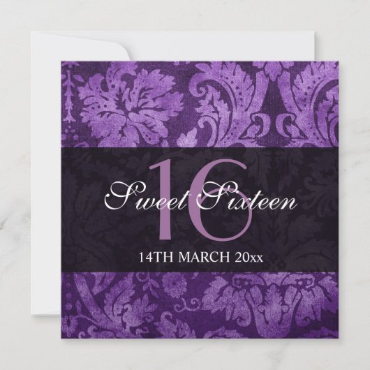 Sweet sixteenパーティー紫ヴィンテージパターン 招待状 (正面)