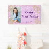 Sweet sixteenパーティー、ピンクグリッター、カスタムバナー 横断幕 (インサイチュ)