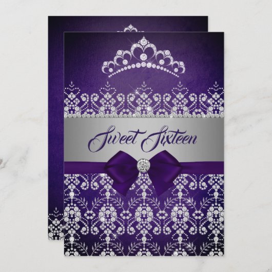 Sweet sixteenパープルスパークルダイヤモンドティアラボウ 招待状 (正面/裏面)
