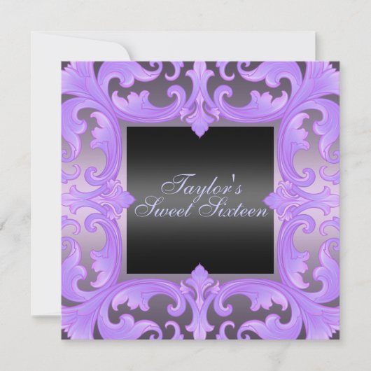 Sweet sixteenパープルダマスクデザイン誕生日招待状 招待状 (正面)