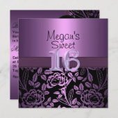 Sweet sixteenパープルバラリーフ誕生日招待状 招待状 (正面/裏面)