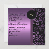 Sweet sixteenパープルバラリーフ誕生日招待状 招待状 (裏面)