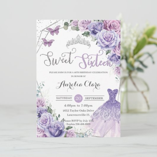 Sweet sixteenパープルフローラ16番目の誕生日ドレス 招待状 (スタンド正面)