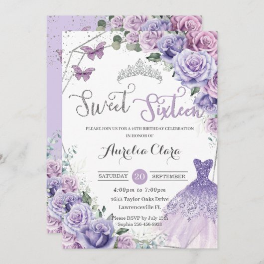 Sweet sixteenパープルフローラ16番目の誕生日ドレス 招待状 (正面/裏面)