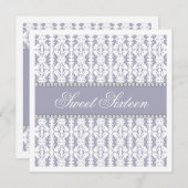 Sweet sixteenパープルホワイトダマスクレース宝石パーティー 招待状 (正面/裏面)