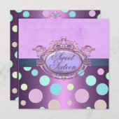 Sweet sixteenパープル水玉模様誕生日招待状 招待状 (正面/裏面)
