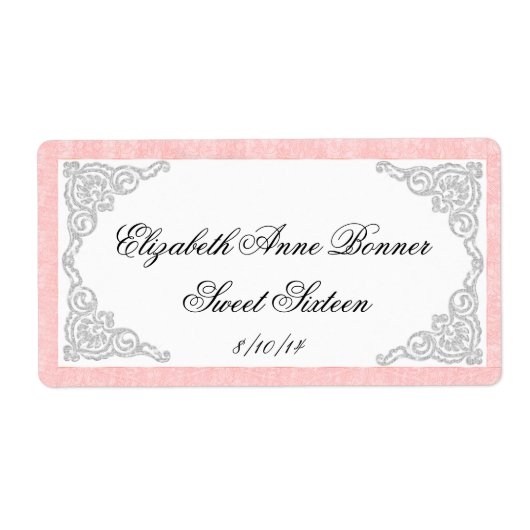 Sweet sixteenピンクとシルバーのウォーターボトルラベル ラベル (正面)