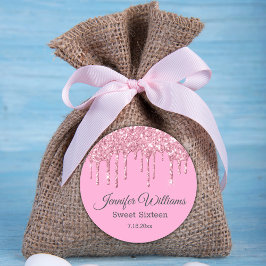 sweet sixteenピンクのキラキラの滴るグリッター ラウンドシール