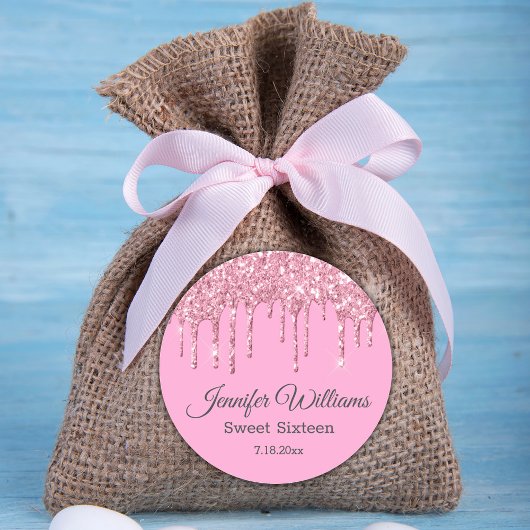 sweet sixteenピンクのキラキラの滴るグリッター ラウンドシール