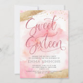 Sweet sixteenピンクウォーターカラーグリッター誕生日 招待状 (正面)
