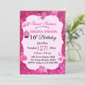 SWEET SIXTEENピンクグリッターメイクアップ誕生日 招待状 (スタンド正面)