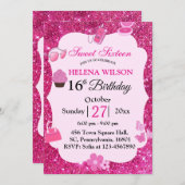 SWEET SIXTEENピンクグリッターメイクアップ誕生日 招待状 (正面/裏面)