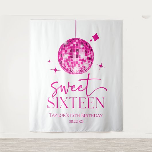 Sweet sixteenピンクディスコボール16thバースデーパーティー タペストリー (正面)