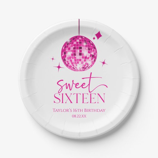 Sweet sixteenピンクディスコボール16thバースデーパーティー ペーパープレート (正面)