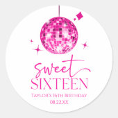 Sweet sixteenピンクディスコボール16thバースデーパーティー ラウンドシール (正面)