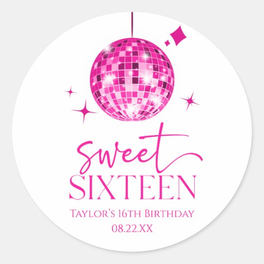 Sweet sixteenピンクディスコボール16thバースデーパーティー ラウンドシール (正面)