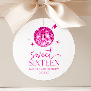 Sweet sixteenピンクディスコボール16thバースデーパーティー ラウンドシール