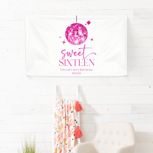 Sweet sixteenピンクディスコボール16thバースデーパーティー 横断幕 (インサイチュ)